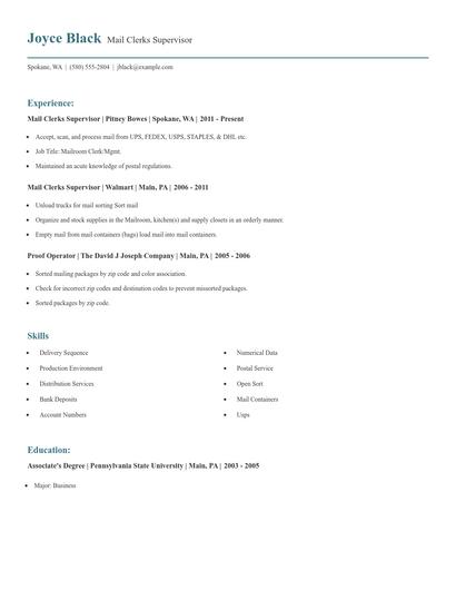 Mail Clerks Supervisor Resume