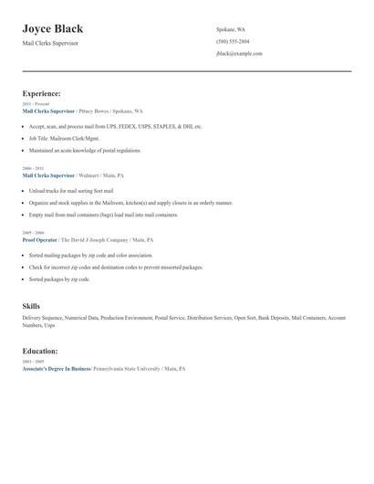 Mail Clerks Supervisor Resume
