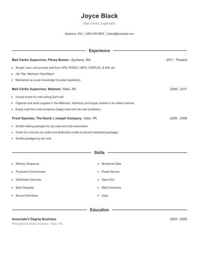 Mail Clerks Supervisor Resume