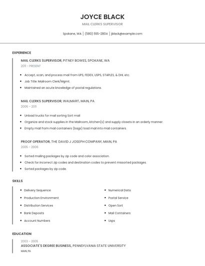 Mail Clerks Supervisor Resume