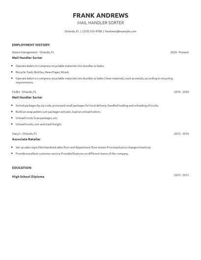Mail Handler Sorter Resume