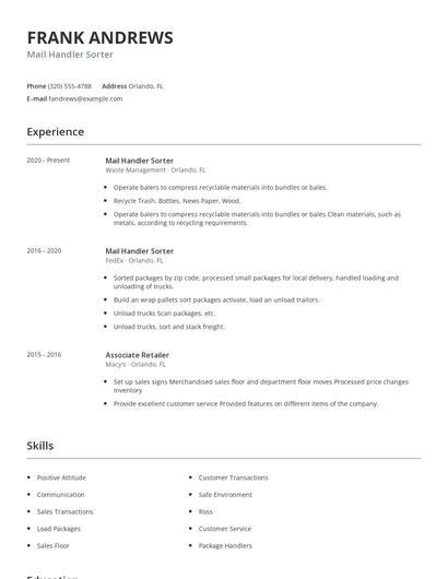 Mail Handler Sorter Resume