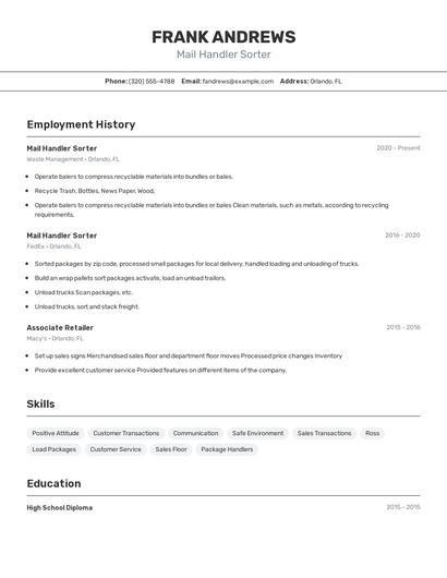 Mail Handler Sorter Resume