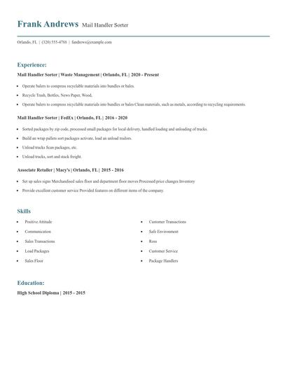 Mail Handler Sorter Resume