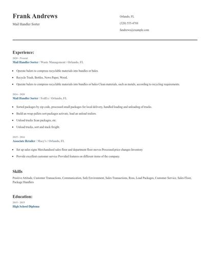 Mail Handler Sorter Resume