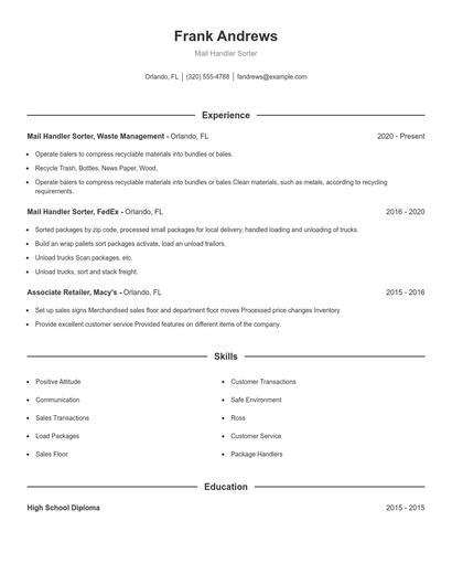 Mail Handler Sorter Resume