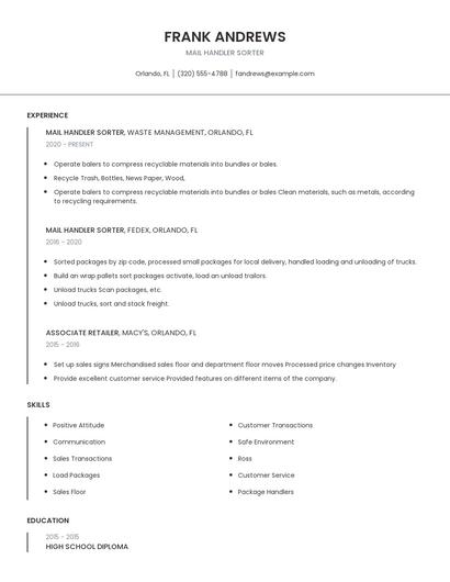 Mail Handler Sorter Resume