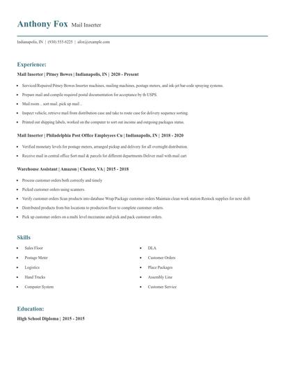 Mail Inserter Resume