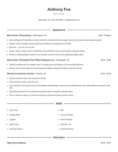 Mail Inserter Resume