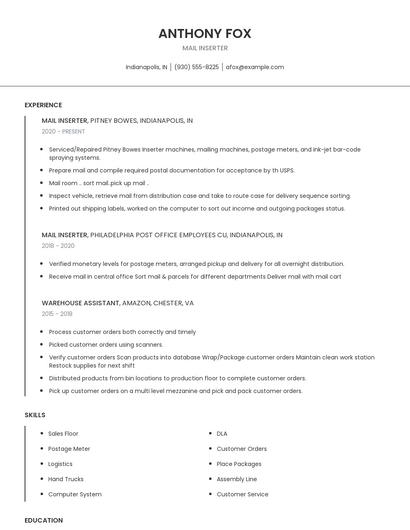 Mail Inserter Resume