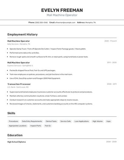 Mail Machine Operator Resume