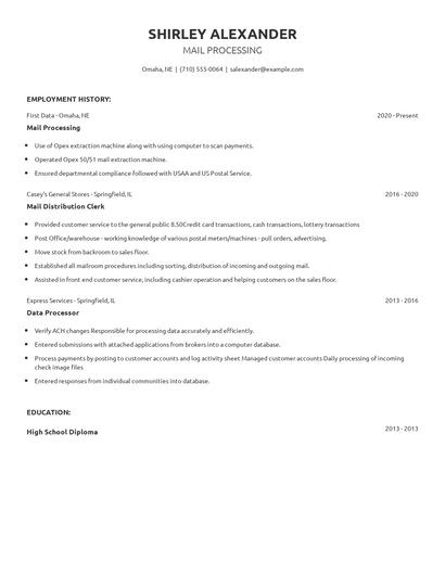Mail Processing Resume