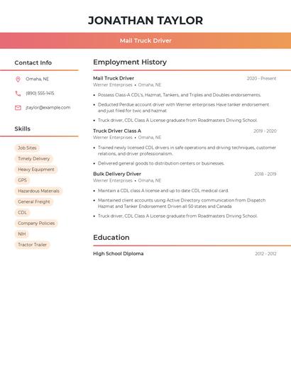 Mail Truck Driver Resume