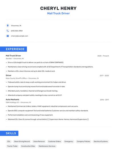 Mail Truck Driver Resume