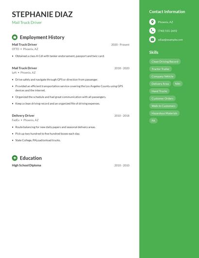 Mail Truck Driver Resume
