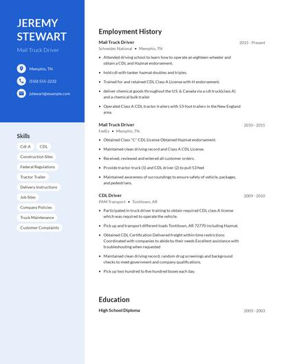 Mail Truck Driver Resume
