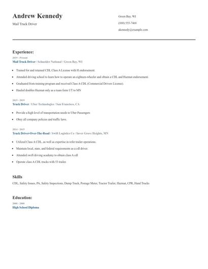 Mail Truck Driver Resume