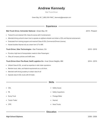 Mail Truck Driver Resume