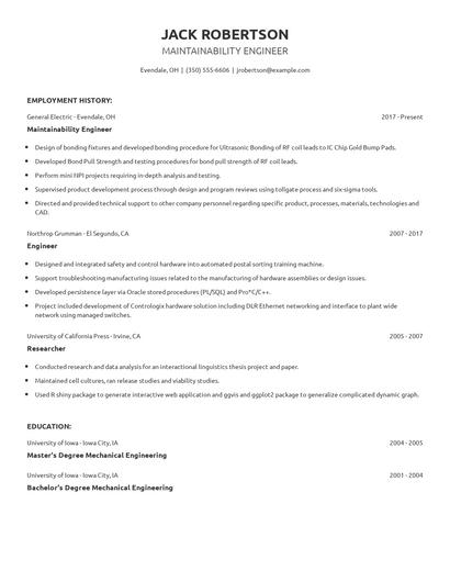 Maintainability Engineer Resume