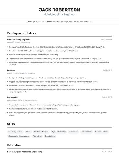 Maintainability Engineer Resume