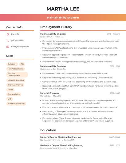 Maintainability Engineer Resume