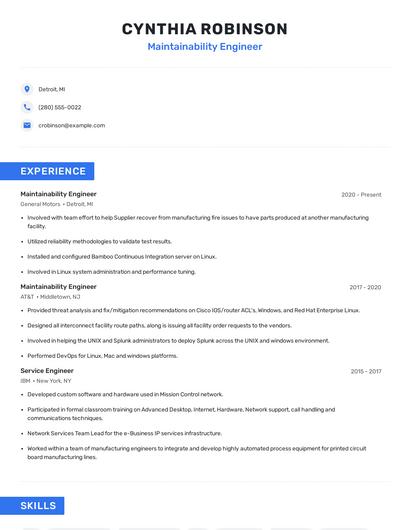 Maintainability Engineer Resume
