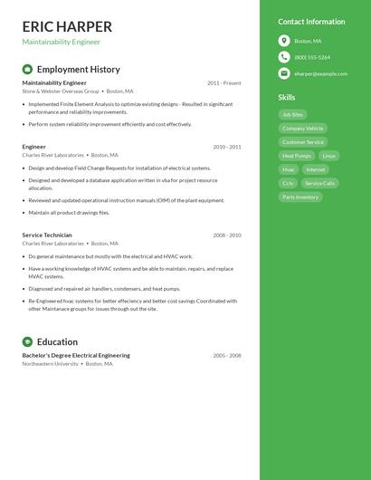 Maintainability Engineer Resume