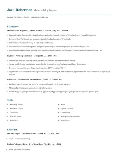 Maintainability Engineer Resume
