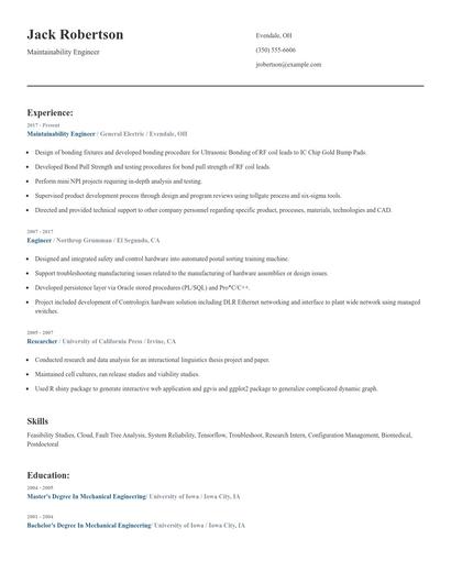 Maintainability Engineer Resume