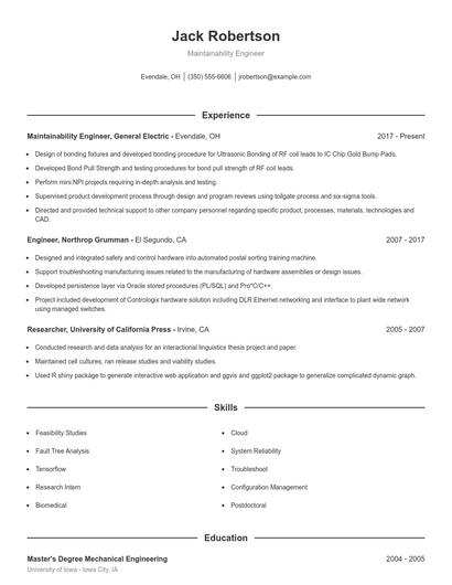 Maintainability Engineer Resume