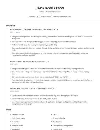 Maintainability Engineer Resume