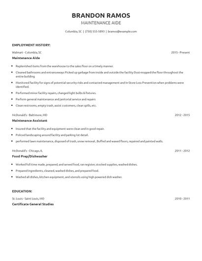 Maintenance Aide Resume