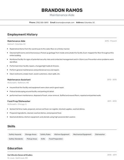 Maintenance Aide Resume