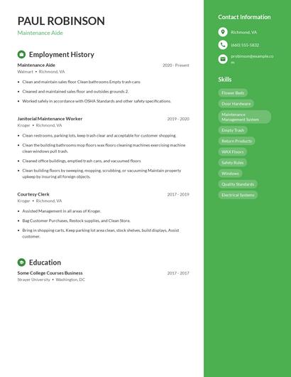 Maintenance Aide Resume