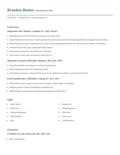Maintenance Aide Resume