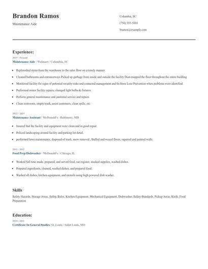 Maintenance Aide Resume