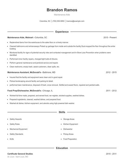 Maintenance Aide Resume