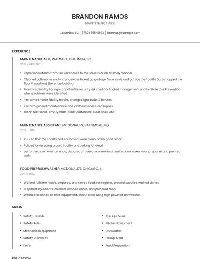 Maintenance Aide Resume