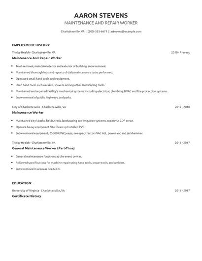 Maintenance And Repair Worker Resume