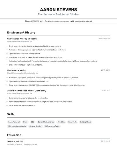 Maintenance And Repair Worker Resume