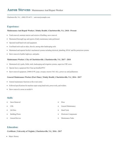 Maintenance And Repair Worker Resume