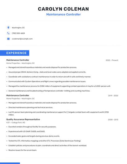 Maintenance Controller Resume