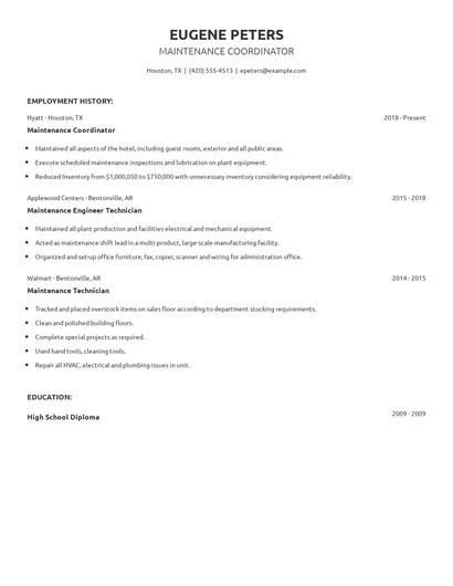 Maintenance Coordinator Resume