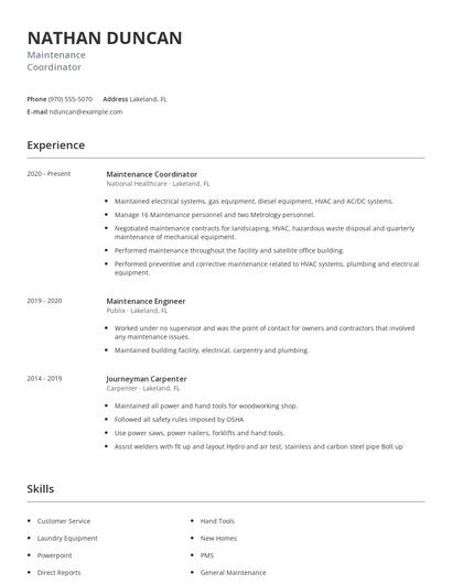 Maintenance Coordinator Resume