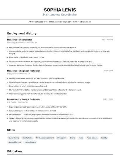 Maintenance Coordinator Resume
