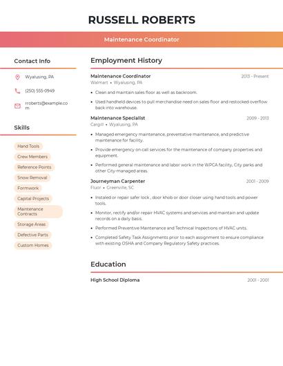 Maintenance Coordinator Resume
