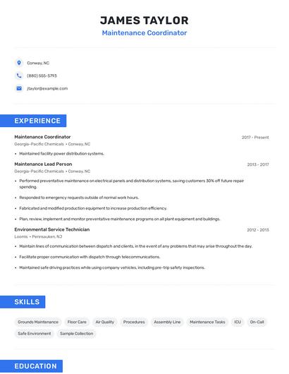 Maintenance Coordinator Resume