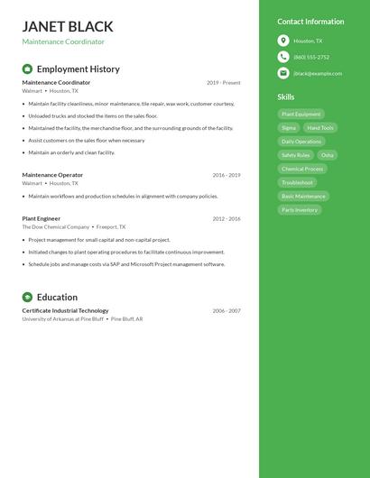 Maintenance Coordinator Resume
