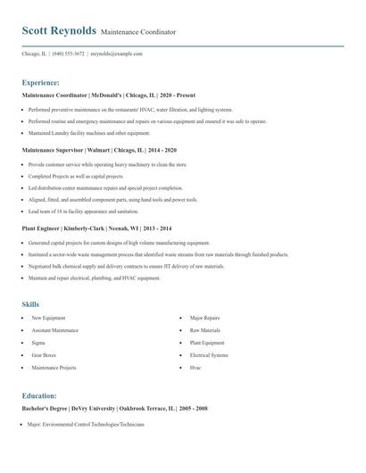 Maintenance Coordinator Resume