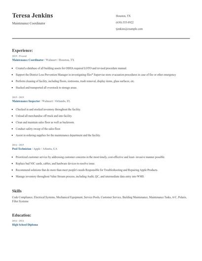 Maintenance Coordinator Resume